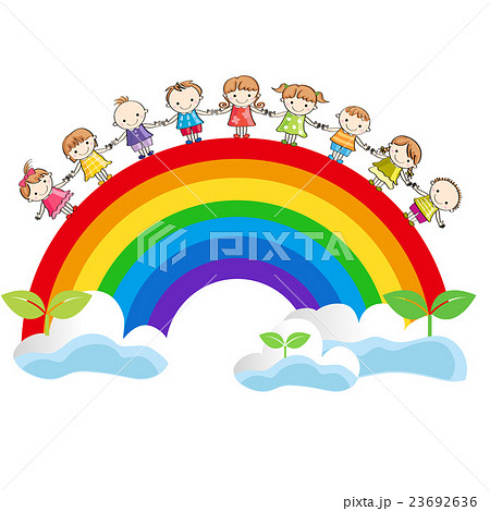 手をつなぐ子供たちと虹 のイラスト素材