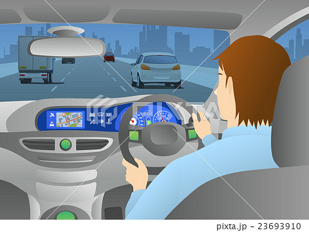 自動車を運転する男性と車内から見た道路のイラスト素材