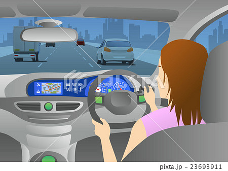 自動車を運転する女性と車内から見た道路のイラスト素材