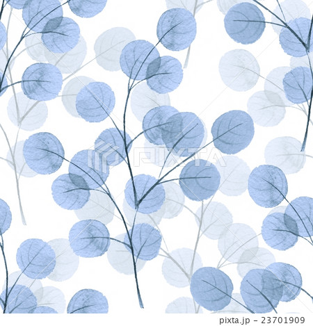 Branches with round leaves. Watercolor background. 23701909