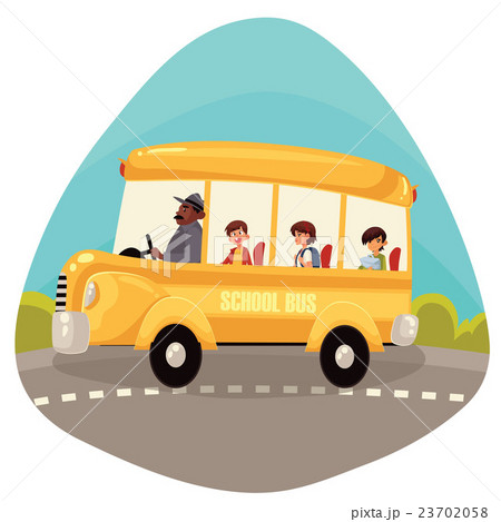 Happy primary students riding school bus Happy primary students riding school bus 23702058