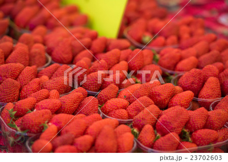 Natural strawberries in boxes at a farmers market 23702603
