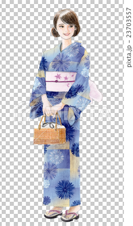 浴衣の女性 矢車菊柄のイラスト素材