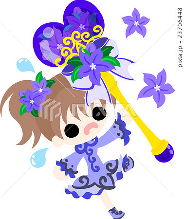 可愛い女の子と紫の花の魔法の杖のイラスト素材
