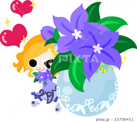 可愛い女の子と紫の花の植木鉢のイラスト素材
