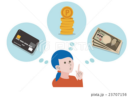 イラスト素材 Pc お金について考える女性 ポイント 現金 クレジットカード 副業 貯金 ベクターのイラスト素材