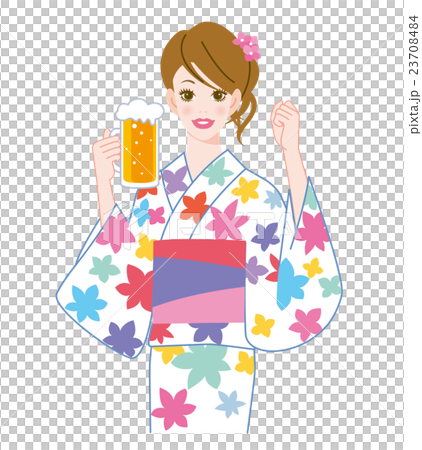 A woman in a yukata and a beer 23708484