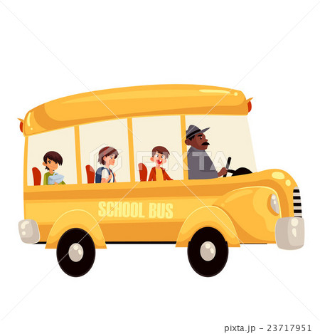 Happy Primary Students Riding School Busのイラスト素材