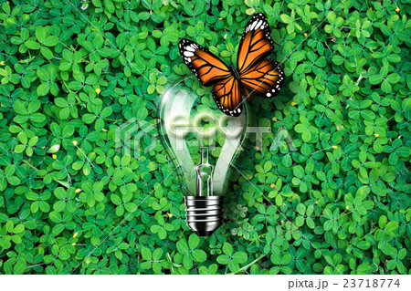 Glowing eco light bulb being on grass background Glowing eco light bulb being on grass background 23718774