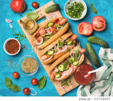 Homemade hot-dogs with fresh vegetables, spices 23719447