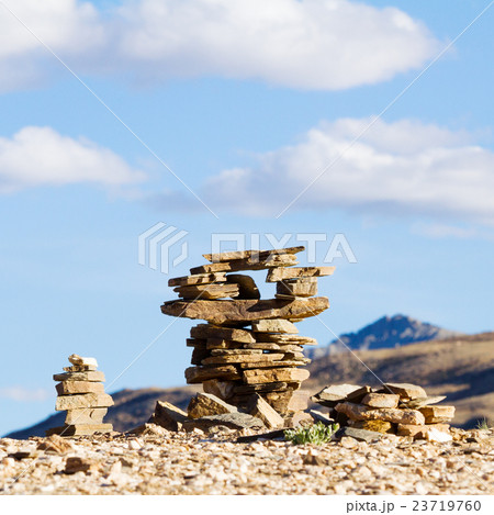 Buddhist stupas as stack of zen stones, Tso Moriri 23719760