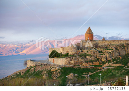 Ancient monastery in front of mountain 23722133