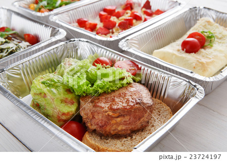 Healthy food take away in boxes, top view at wood 23724197