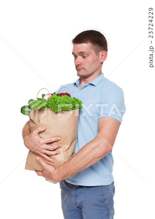 Happy man hold bags with healthy food, grocery 23724229