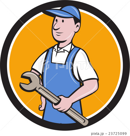 Repairman Holding Spanner Circle Cartoon Repairman Holding Spanner Circle Cartoon 23725099