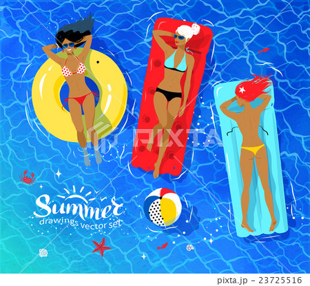 Three young women floating on water. 23725516