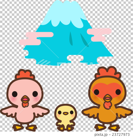 鶏の親子のキャラクターと富士山のイラスト素材