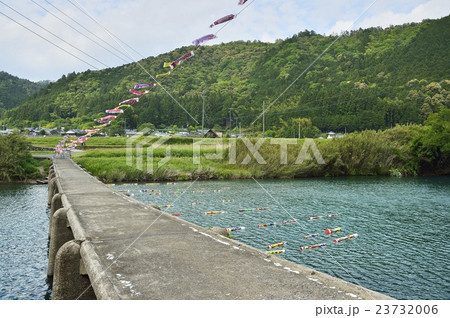 四万十川 一斗俵沈下橋 丸太鯉のぼり流し の写真素材