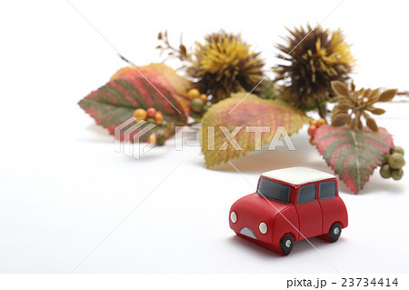車と紅葉の葉と栗　秋　行楽イメージ 23734414