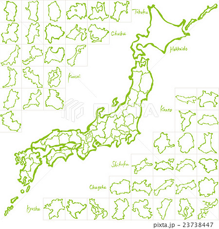 日本地図 都道府県 手書きのイラスト素材