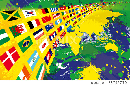 ブラジルカラー世界地図とワールド国旗のイラスト素材