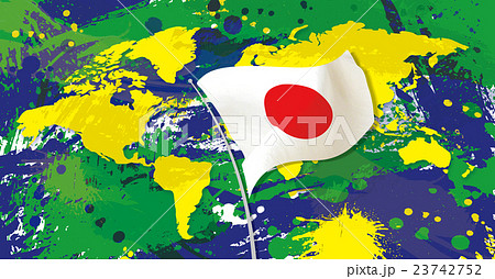 ブラジルカラー世界地図と日の丸のイラスト素材