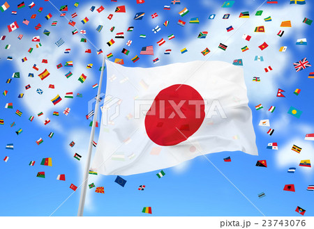 雲地図と日本国旗_世界の国旗の紙吹雪 雲地図と日本国旗_世界の国旗の紙吹雪 23743076