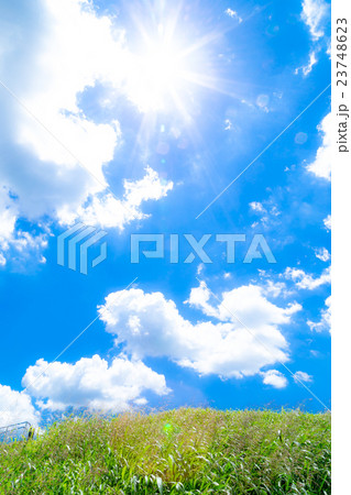 鮮やかに仕上げた積雲　空と雲の写真素材　空の背景素材　コピースペース　広告スペース　真夏イメージ 23748623