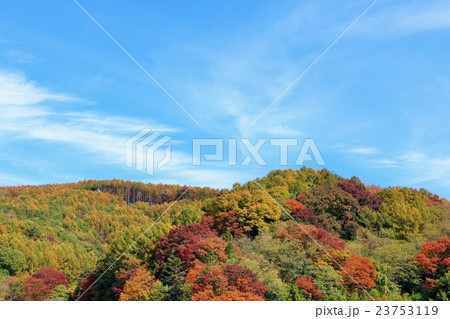 秋の青空と紅葉の山風景の写真素材