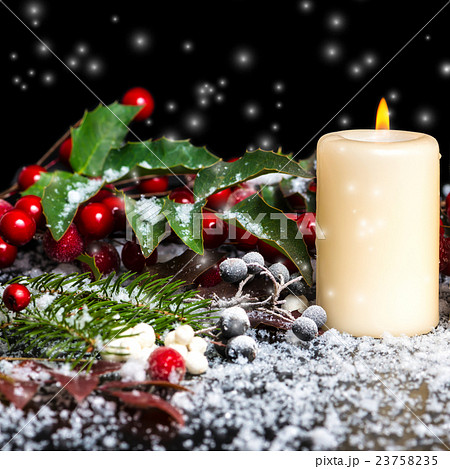 Christmas card of decorated evergreen branches Christmas card of decorated evergreen branches 23758235
