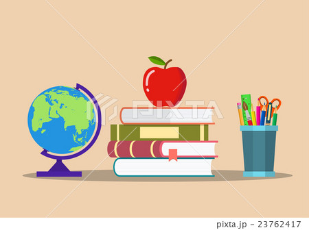 color pencils in cup, globe, books, apple. color pencils in cup, globe, books, apple. 23762417