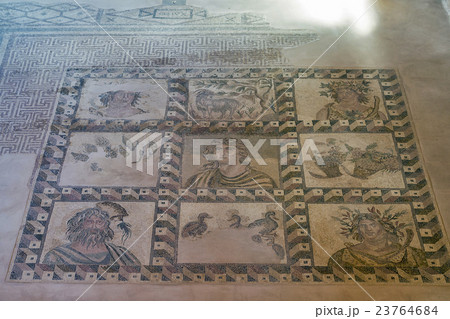 Ancient Greek floor mosaic in archaeologic park Kato Paphos, Cyprus. 23764684