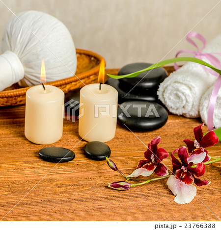 spa still life of orchid, Cambria, herbal compress 23766388