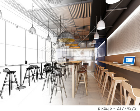 sketch design of resturant ,3d wire frame render  23774575