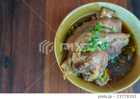Close up steam pork leg in bowl on table Close up steam pork leg in bowl on table 23778103