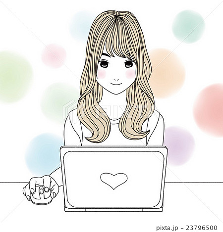 ノートpcを使う女の子 線画イラストのイラスト素材