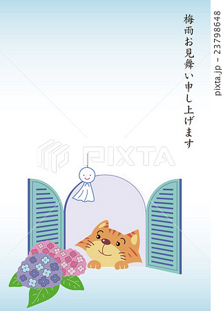 窓辺の猫とあじさいの梅雨見舞い状 のイラスト素材