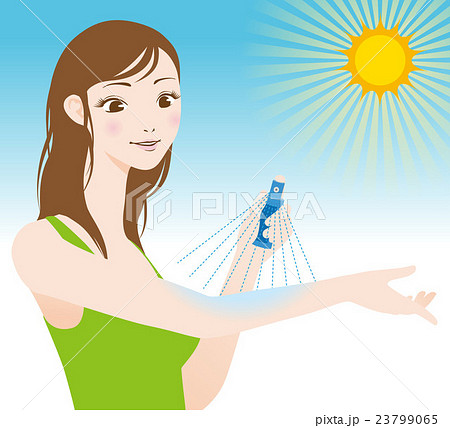 日焼け止めスプレーをかける女性のイラスト素材