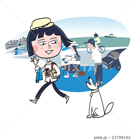旅行 犬がお見送りしてくれるのイラスト素材
