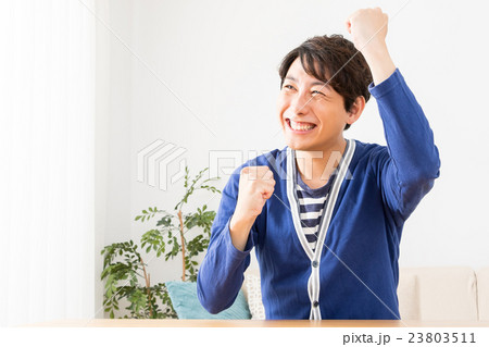 嬉しい　笑顔の男性　興奮した男性　ポートレート　男の人　リビング　コピースペース 23803511