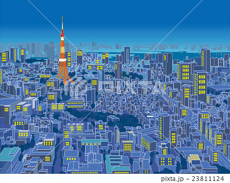 東京 俯瞰した街並イラスト 夜景のイラスト素材