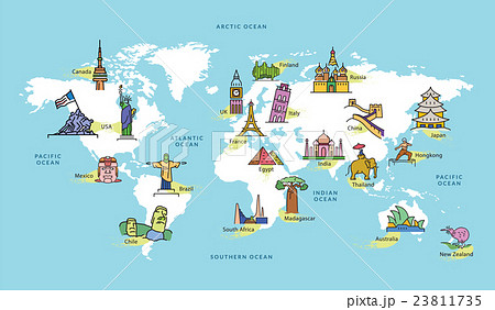 World Map with Famous Country Landmark Symbol 23811735