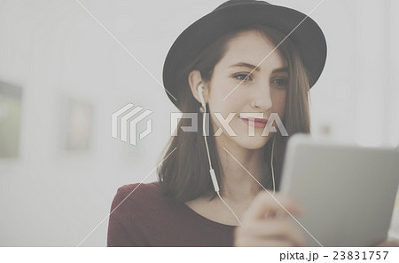 Woman Listening Music Media Entertainment Relaxation Concept Woman Listening Music Media Entertainment Relaxation Concept 23831757