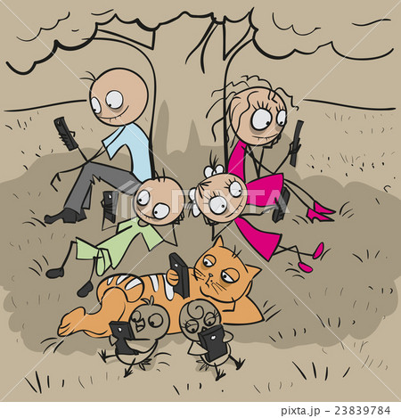 Big family under tree. Everyone looks at phone 23839784