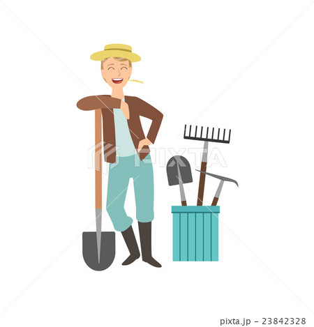 Guy Leaning On Spade With Bucket Of Other Farmのイラスト素材