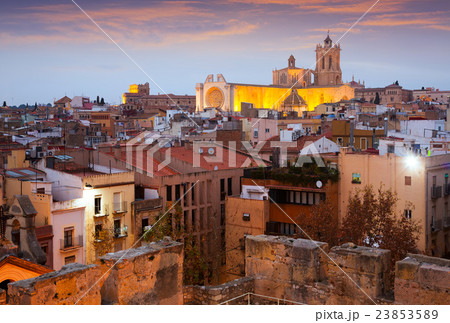 View of old Tarragona with gothic Cathedral in evening 23853589