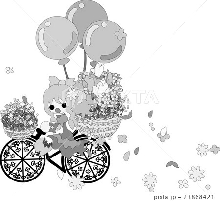 少女が花籠を乗せた自転車を漕ぎ 花が舞うのイラスト素材