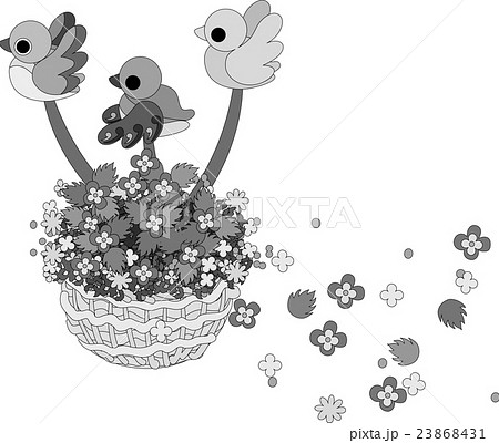 小鳥が花籠を抱えて飛び 花が舞うのイラスト素材