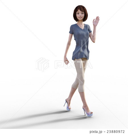 手を振りながら歩いてくるロングtシャツの女性 Perming3dcgイラスト素材のイラスト素材