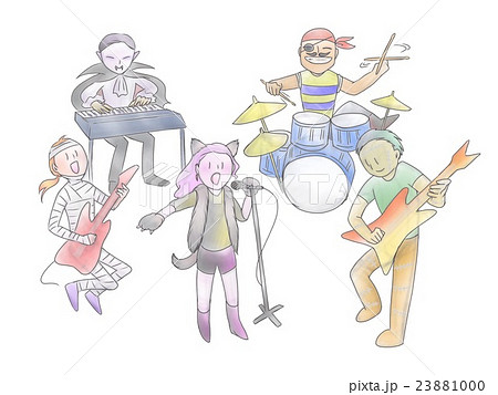 ハロウィンの仮装で歌うボーカル女性と演奏するバンドメンバーたちのイラスト素材
